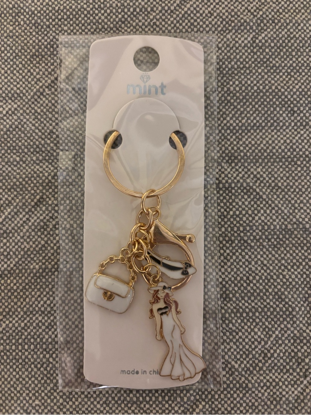 Mint Gold-tone Keychain with White Purse and Dress Charms